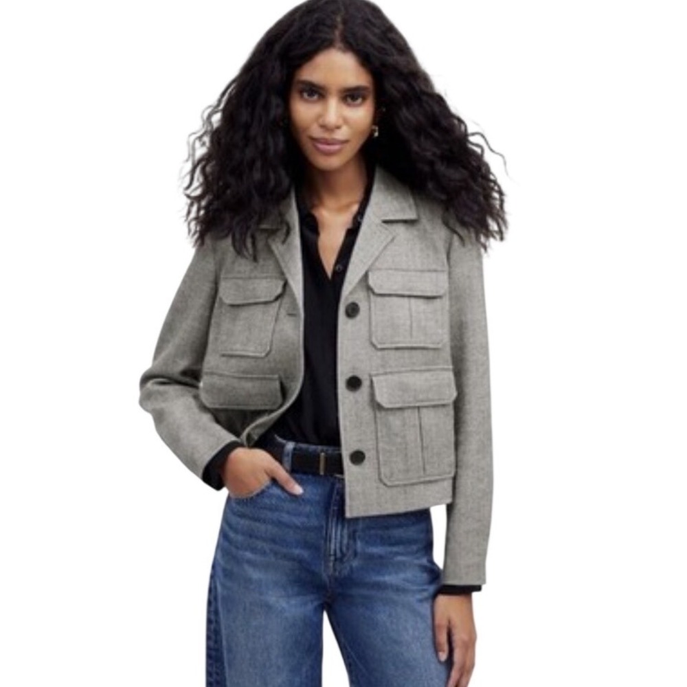 NWT Madewell Flap-Pocket Field Jacket Herringbone Gray Italian Fabric Size 8